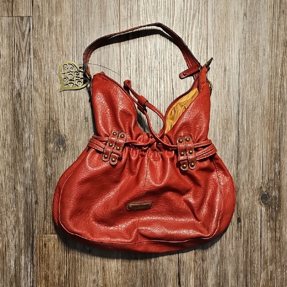Vtg XOXO Y2k Red Faux Leather Drawstring Bag W Heart Charm - Picture 1 of 6